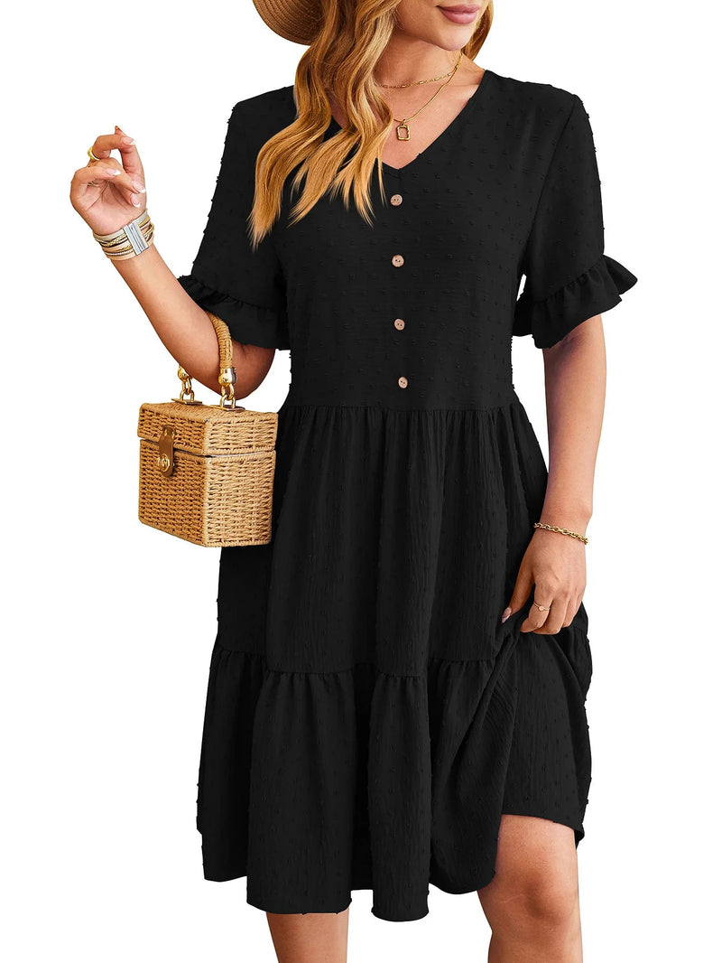 New Jacquard Five-quarter Pleat Polka Loose Midi Dresses
