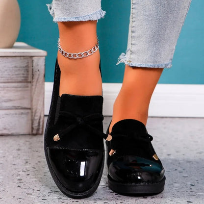 Black Leather Bow Autumn Sneakers Comfortable Flat Loafers