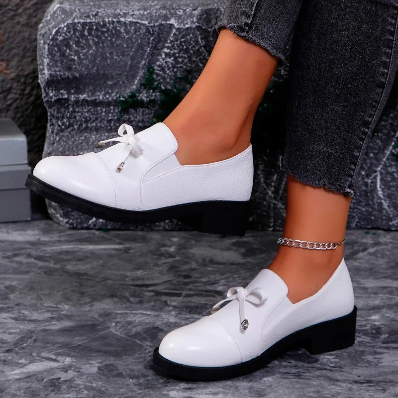 Black Leather Bow Autumn Sneakers Comfortable Flat Loafers