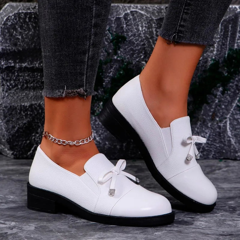 Black Leather Bow Autumn Sneakers Comfortable Flat Loafers