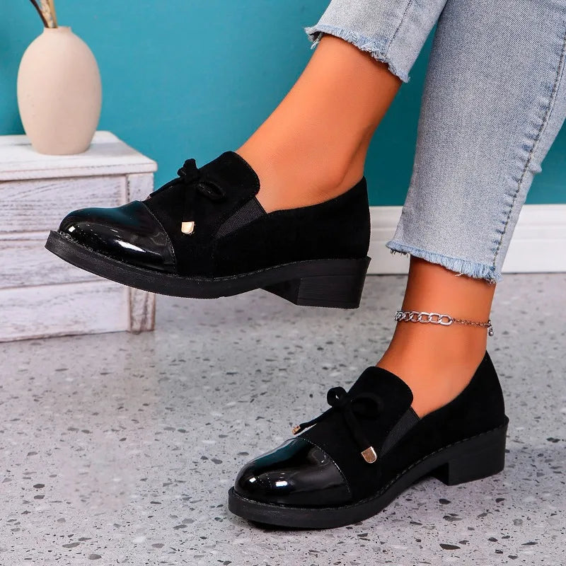 Black Leather Bow Autumn Sneakers Comfortable Flat Loafers