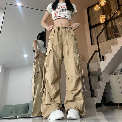 Khaki Straight Baggy Wide Leg High Waist Drawstring Sweatpants