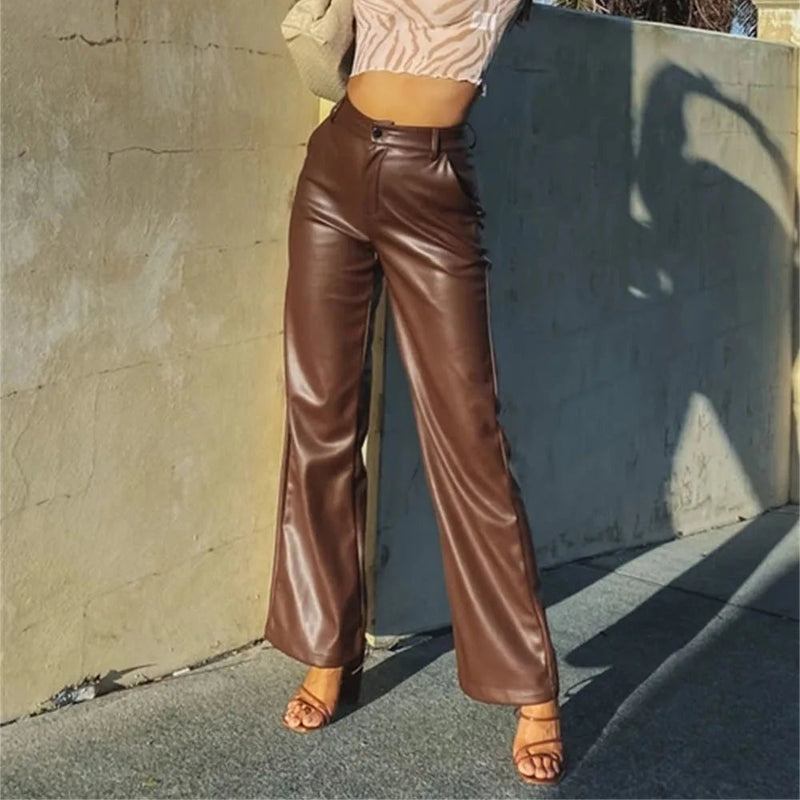 High Waist Wide Leg Straight Tube Autumn Winter Elastic Pu Leather Pants
