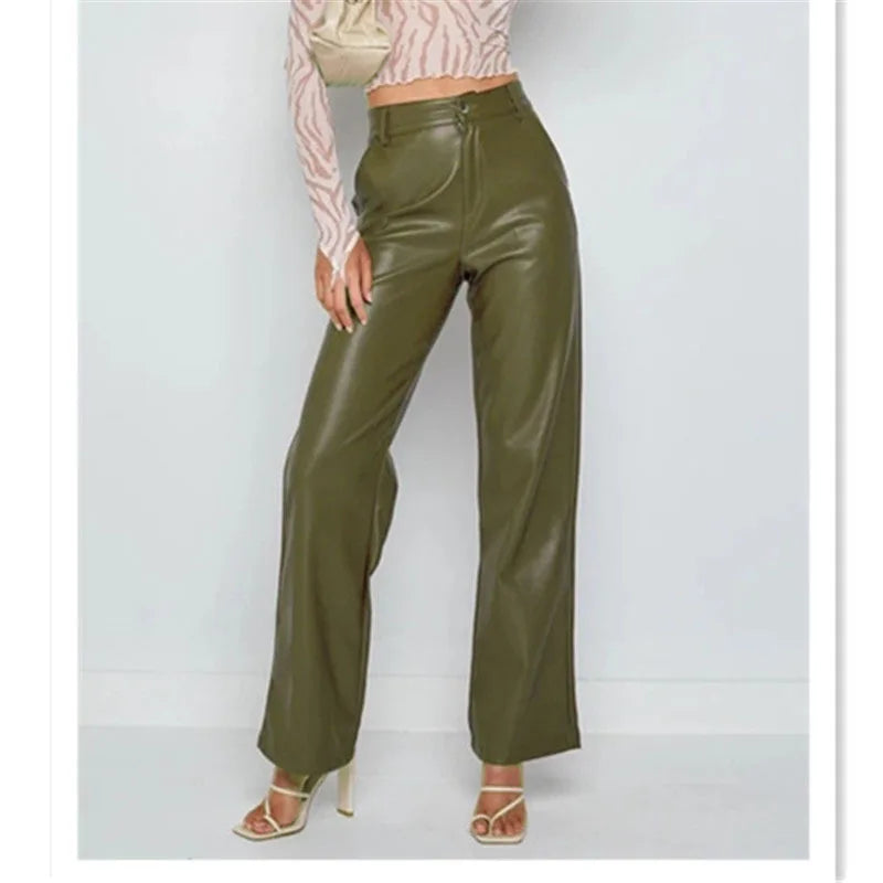 High Waist Wide Leg Straight Tube Autumn Winter Elastic Pu Leather Pants