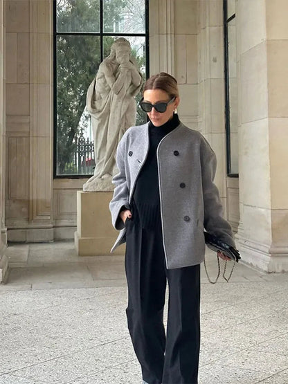 Loose Woolen Retro Double Stand Short Autumn Winter Coat