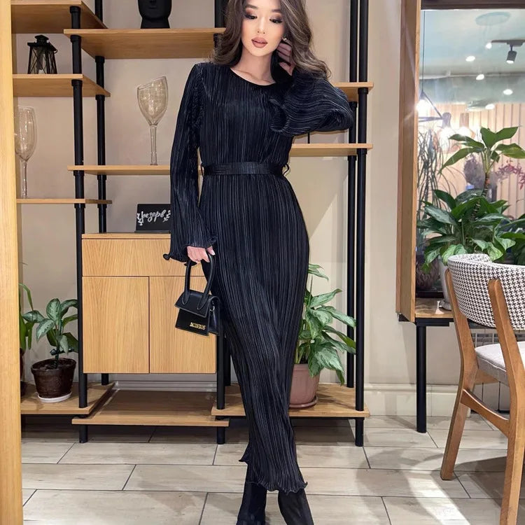 Maxi Autumn New Crew-neck Lace-up Pleated Midi Dresses