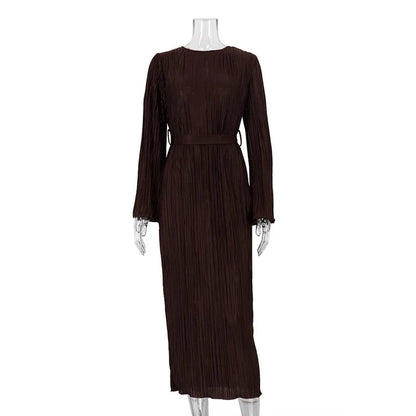 Maxi Autumn New Crew-neck Lace-up Pleated Midi Dresses