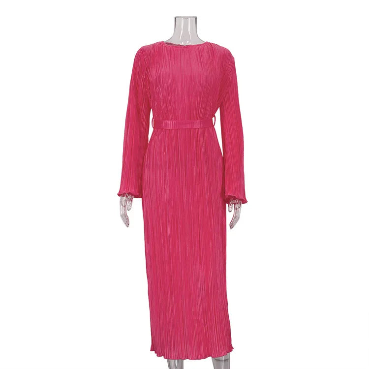 Maxi Autumn New Crew-neck Lace-up Pleated Midi Dresses