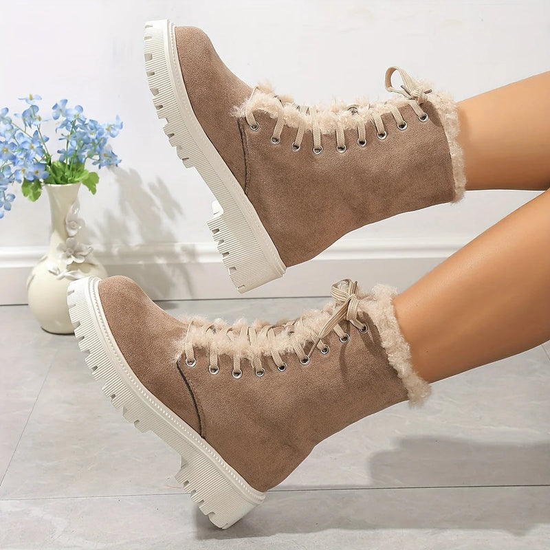 Plush Lined Thermal Lace Up Mid-calf Chunky Outdoor Snow Boot