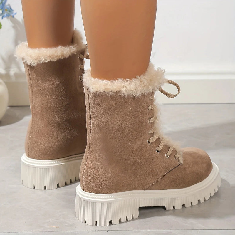 Plush Lined Thermal Lace Up Mid-calf Chunky Outdoor Snow Boot