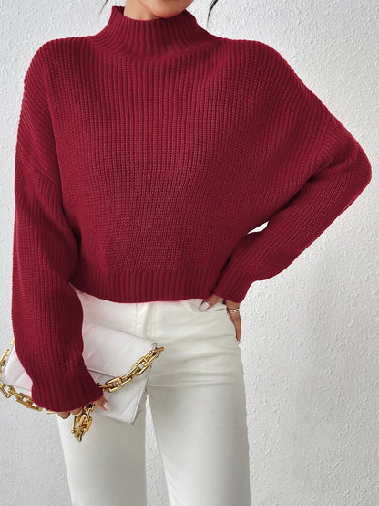 Ribbed Knitted Mock Long High Drop Shoulder Sweater