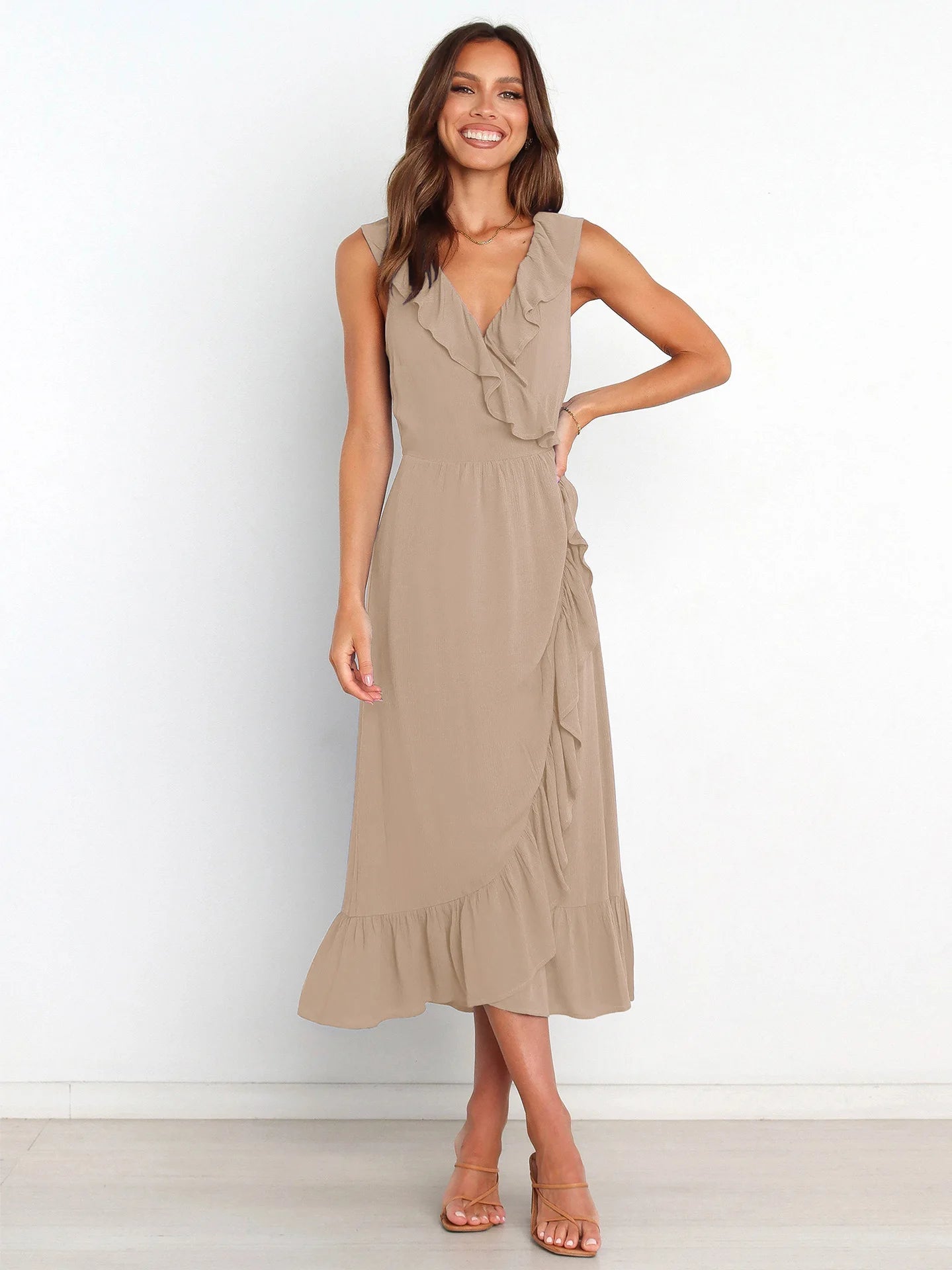 Ruffled Sleeveless V-neck Ruffled High-grade Traf Midi Dresses