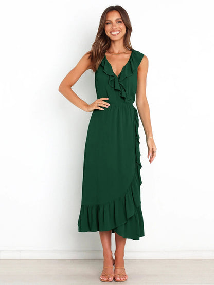 Ruffled Sleeveless V-neck Ruffled High-grade Traf Midi Dresses