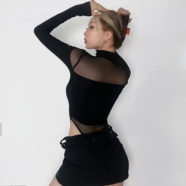’s Hollow Bodysuit Long Sleeved Mesh Tops Half High Collar Jumpsuit Bottoming Clothes Y2k Club Bodysuits