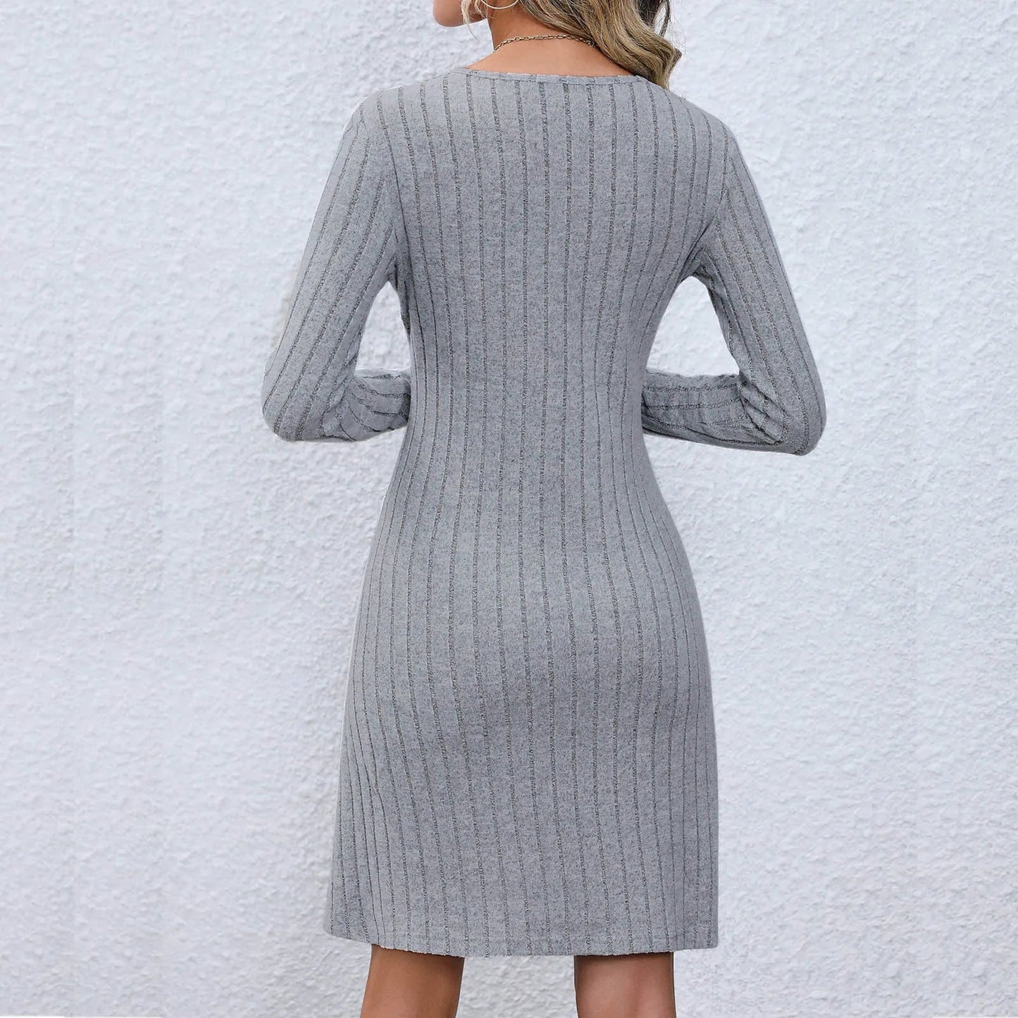 Dressbetty - V-neck Buttoned Waist Long Sleeve Color Midi Dress