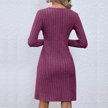 Dressbetty - V-neck Buttoned Waist Long Sleeve Color Midi Dress