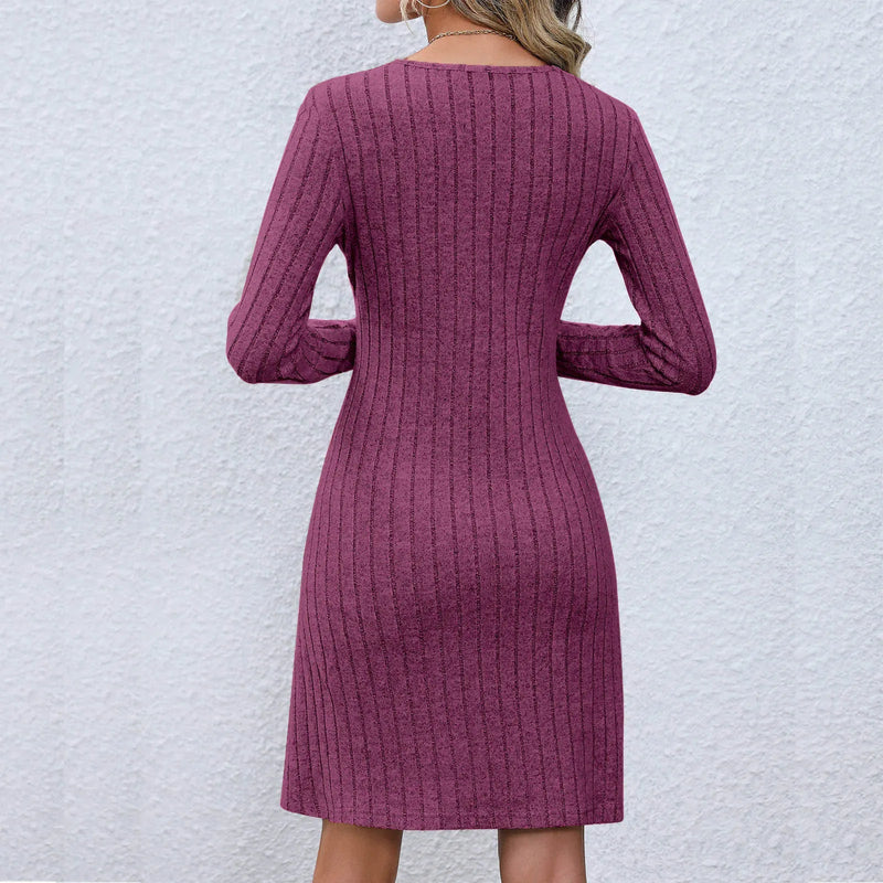 Dressbetty - V-neck Buttoned Waist Long Sleeve Color Midi Dress