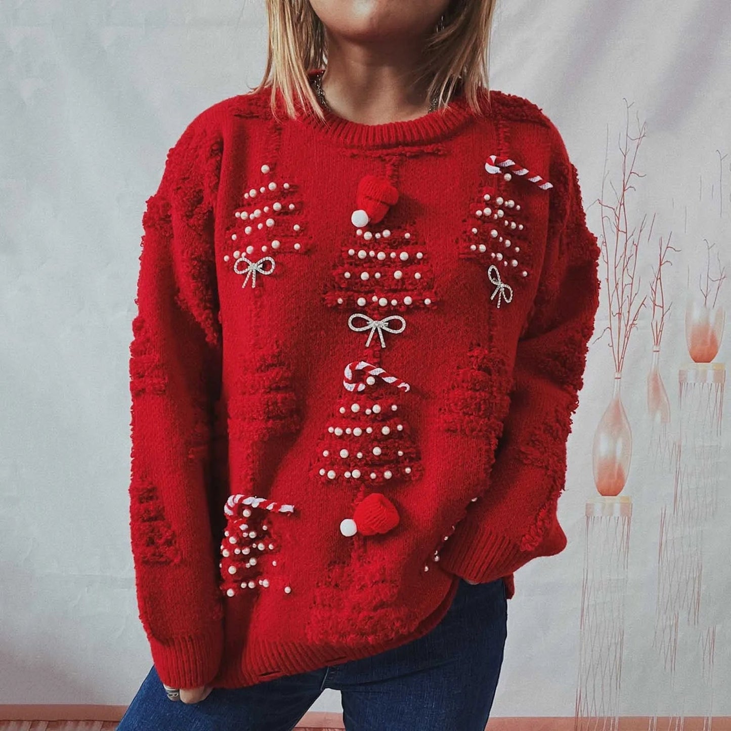 O-neck Lantern Sleeve Loose Knitted Christmas Sweater