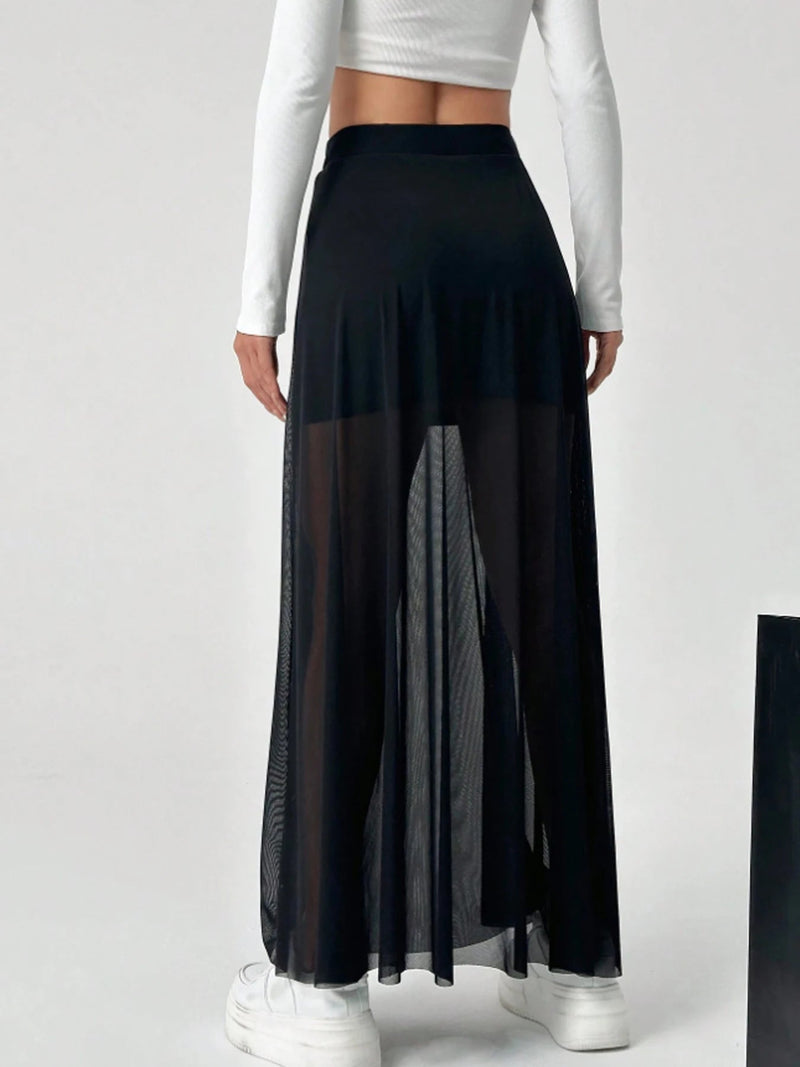 Mesh Patchwork Elastic High-waisted A-line Long Skirt
