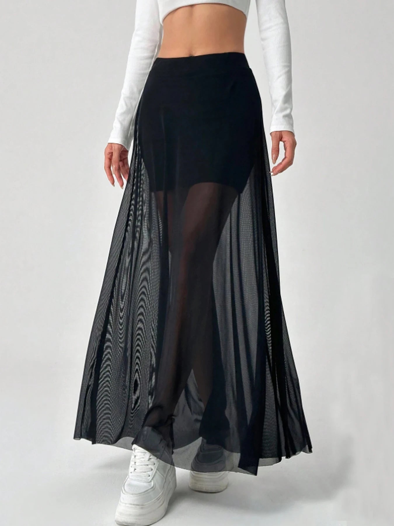 Mesh Patchwork Elastic High-waisted A-line Long Skirt