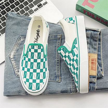 Canvas Multicolor Checkerboard Design Slip-on Flats Summer Skateboard