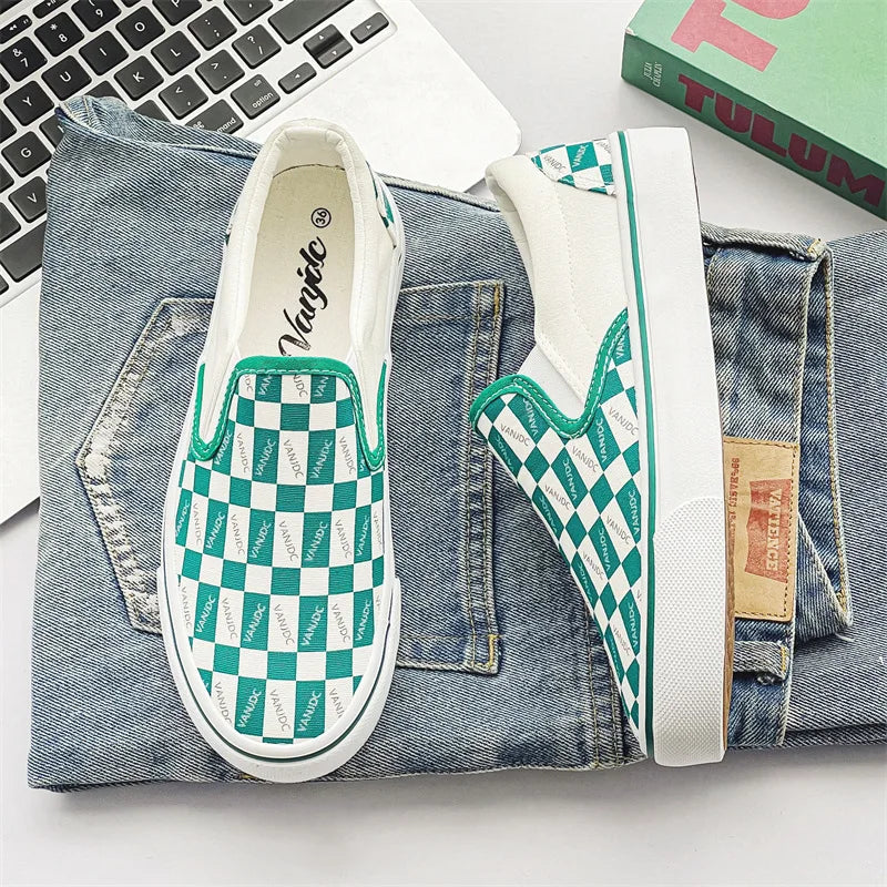 Canvas Multicolor Checkerboard Design Slip-on Flats Summer Skateboard