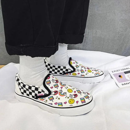 Canvas Multicolor Checkerboard Design Slip-on Flats Summer Skateboard