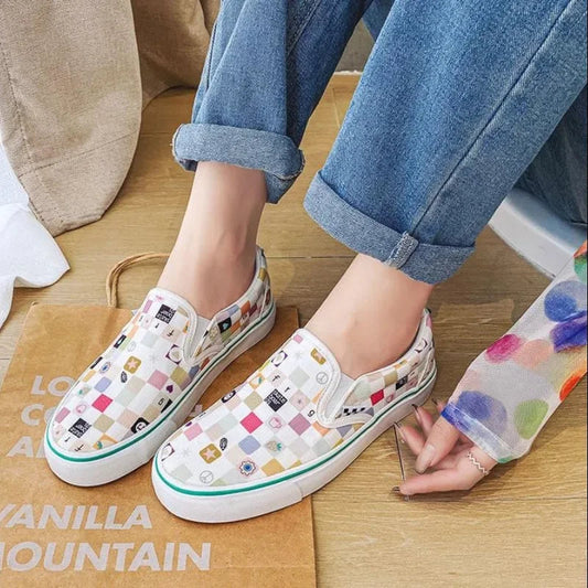 Canvas Multicolor Checkerboard Design Slip-on Flats Summer Skateboard