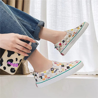 Canvas Multicolor Checkerboard Design Slip-on Flats Summer Skateboard