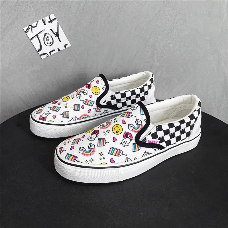 Canvas Multicolor Checkerboard Design Slip-on Flats Summer Skateboard