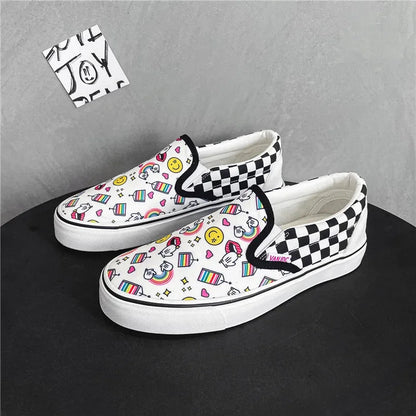 Canvas Multicolor Checkerboard Design Slip-on Flats Summer Skateboard