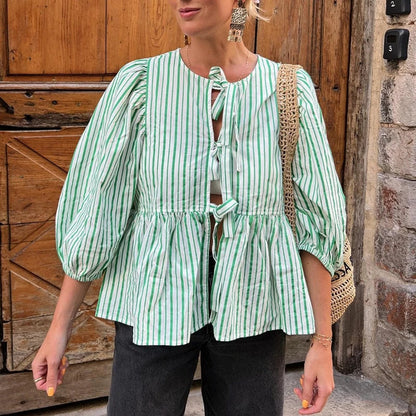 Puff Short Sleeve Peplum Tie Front Blouse