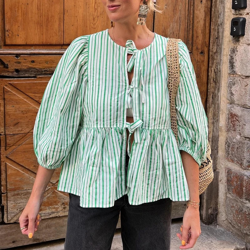 Puff Short Sleeve Peplum Tie Front Blouse