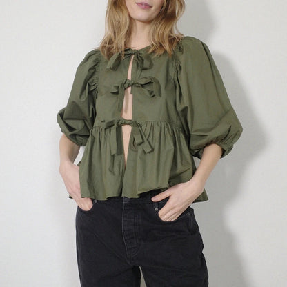 Puff Short Sleeve Peplum Tie Front Blouse