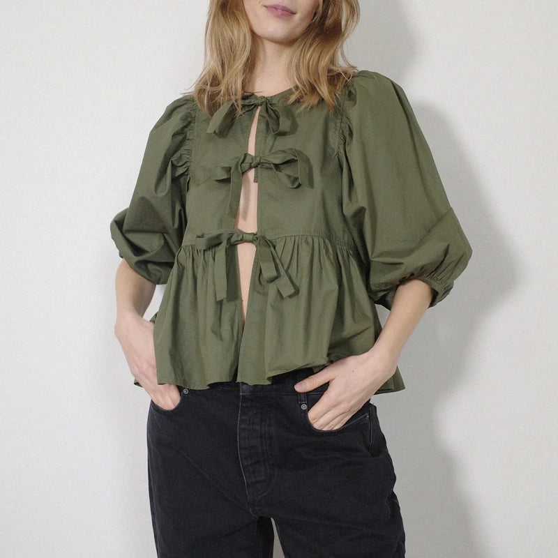 Puff Short Sleeve Peplum Tie Front Blouse