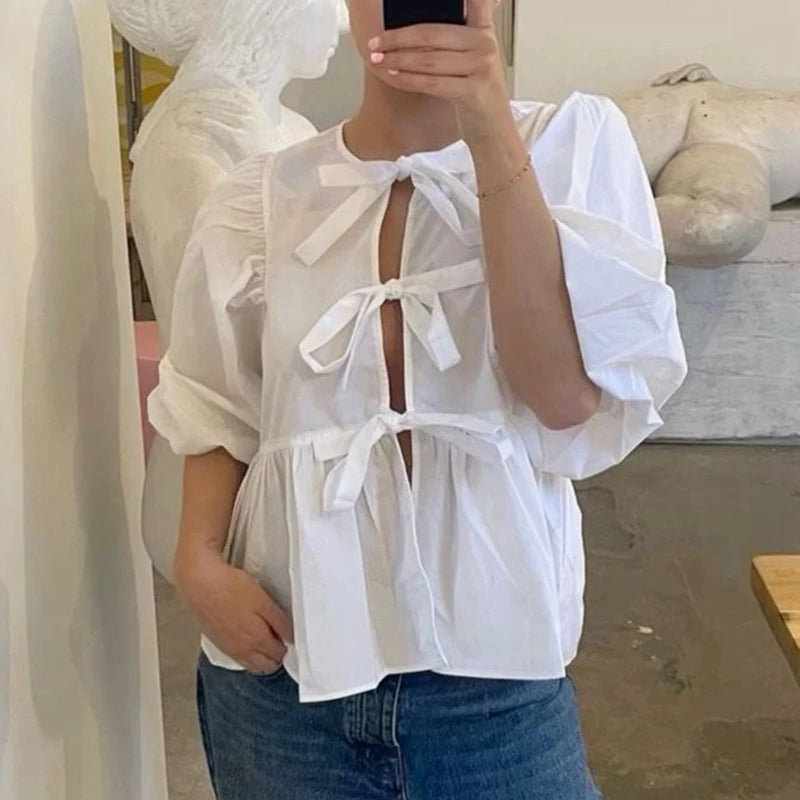 Puff Short Sleeve Peplum Tie Front Blouse
