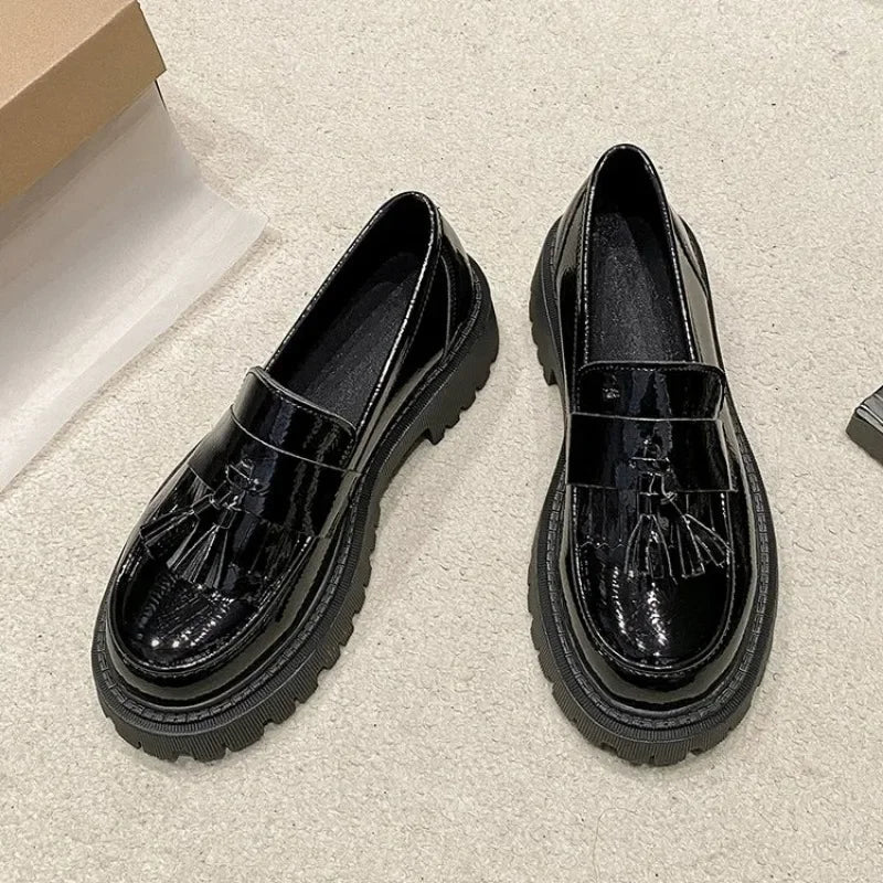 British Style Thick Bottom Pu Leather Platform Flats Loafers