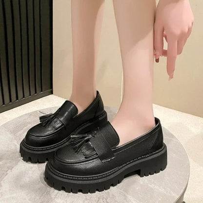 British Style Thick Bottom Pu Leather Platform Flats Loafers