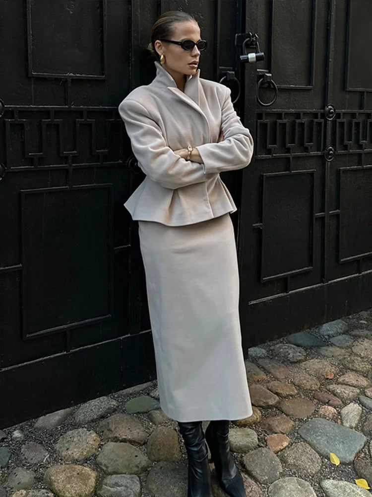 Woolen Blazer Zipper Skirt Office Two Piece Set