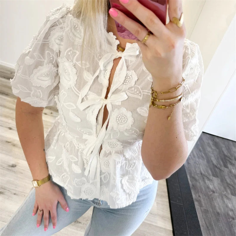 Embroidery Puff Short Sleeve Blouse