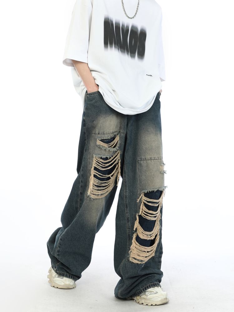 2000s Fake Hole Damage Wide Denim Pants