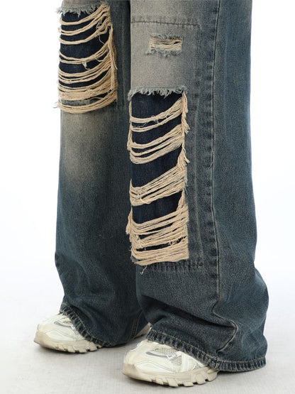 2000s Fake Hole Damage Wide Denim Pants