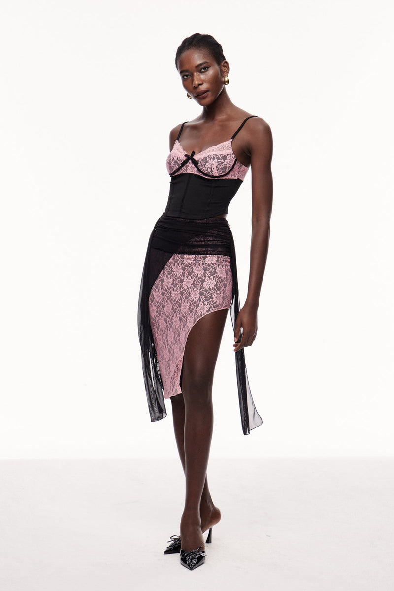 Xolotl Lace Deconstruct Asymmetric Midi Skirt