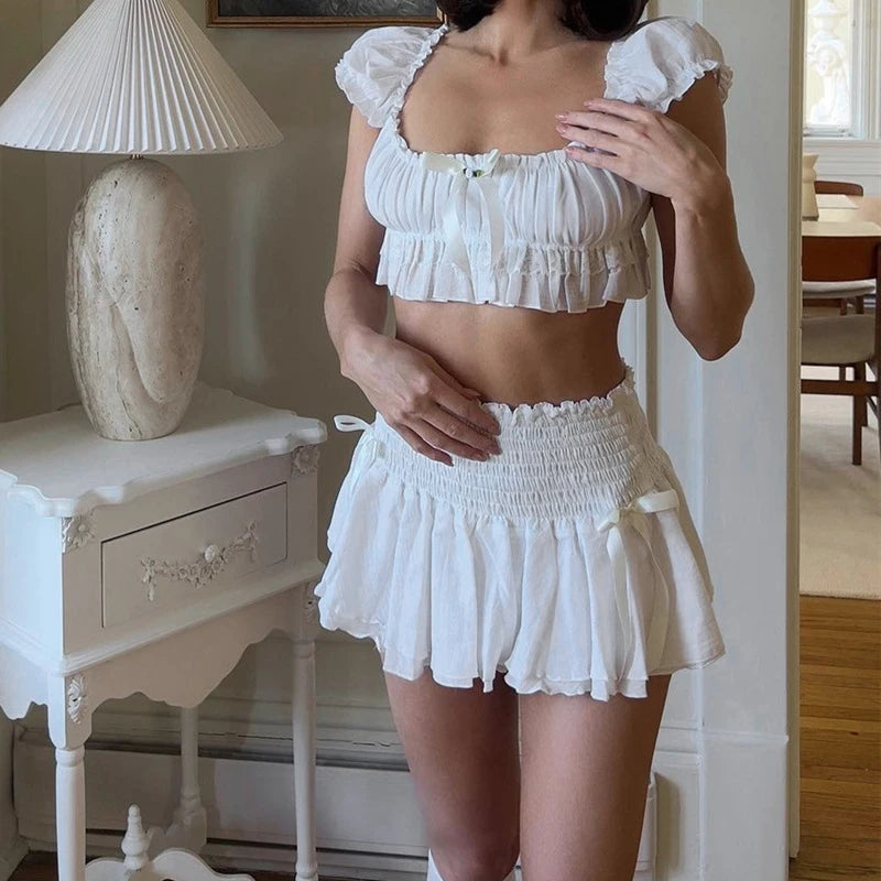 Bow Trim Ruffled Layered Skirt