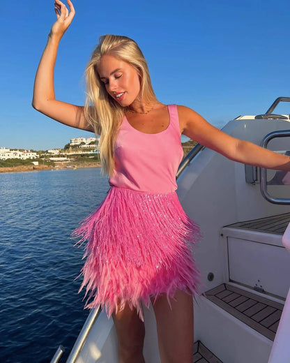 Dressbetty - Y2k Sequins Feather Sleeveless Mini Skirt
