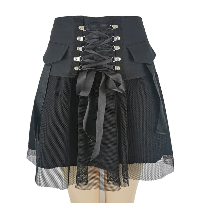 Y2k Dark Straps Female Style Harajuku Mesh Summer Black High Waist A-line Skirt
