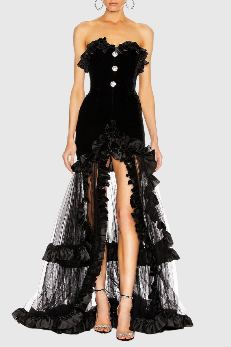 Yalie Ruffle Strapless Mesh Maxi Dress