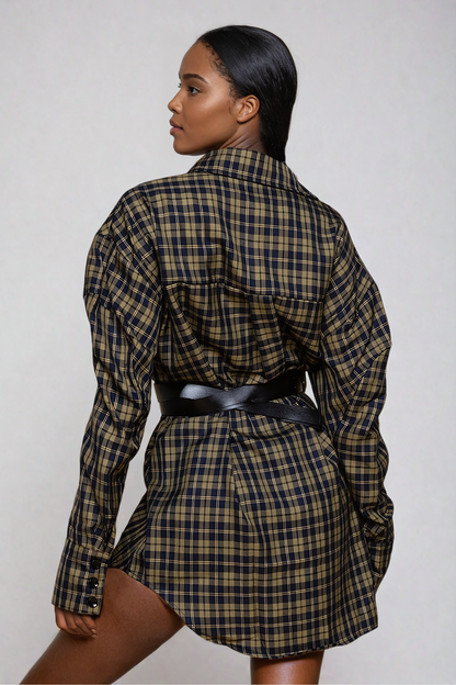 Yamini Grid Buckle Shirt Mini Dress