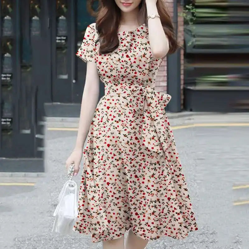 Short Summer O Neck Holiday Knee Length Robe Femme Midi Dresses