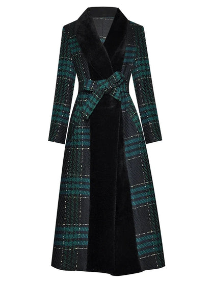 Designer Runway Fur Long Lace Plaid Warm Coat